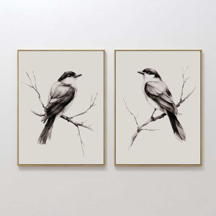 The Still Perch Set of 2 features framed bird art prints in a monochrome watercolor style, shown side by side on a white wall—ideal for fans of neutral-toned wall art and Nordic Park-inspired decor.