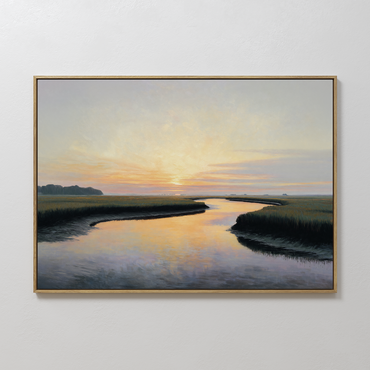 Tidal Whispers Canvas Art - Horizontal, a framed print featuring a serene sunset landscape with a winding river and grassy banks, hangs on a white wall—perfect coastal marsh wall art for any room.
