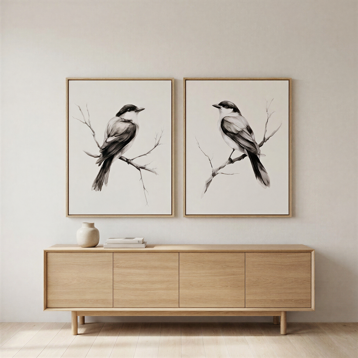 The Still Perch Set of 2, framed black-and-white bird illustrations, hangs above a light wood console with a ceramic vase, set against a neutral wall—ideal perched birds decor for a minimalist room.