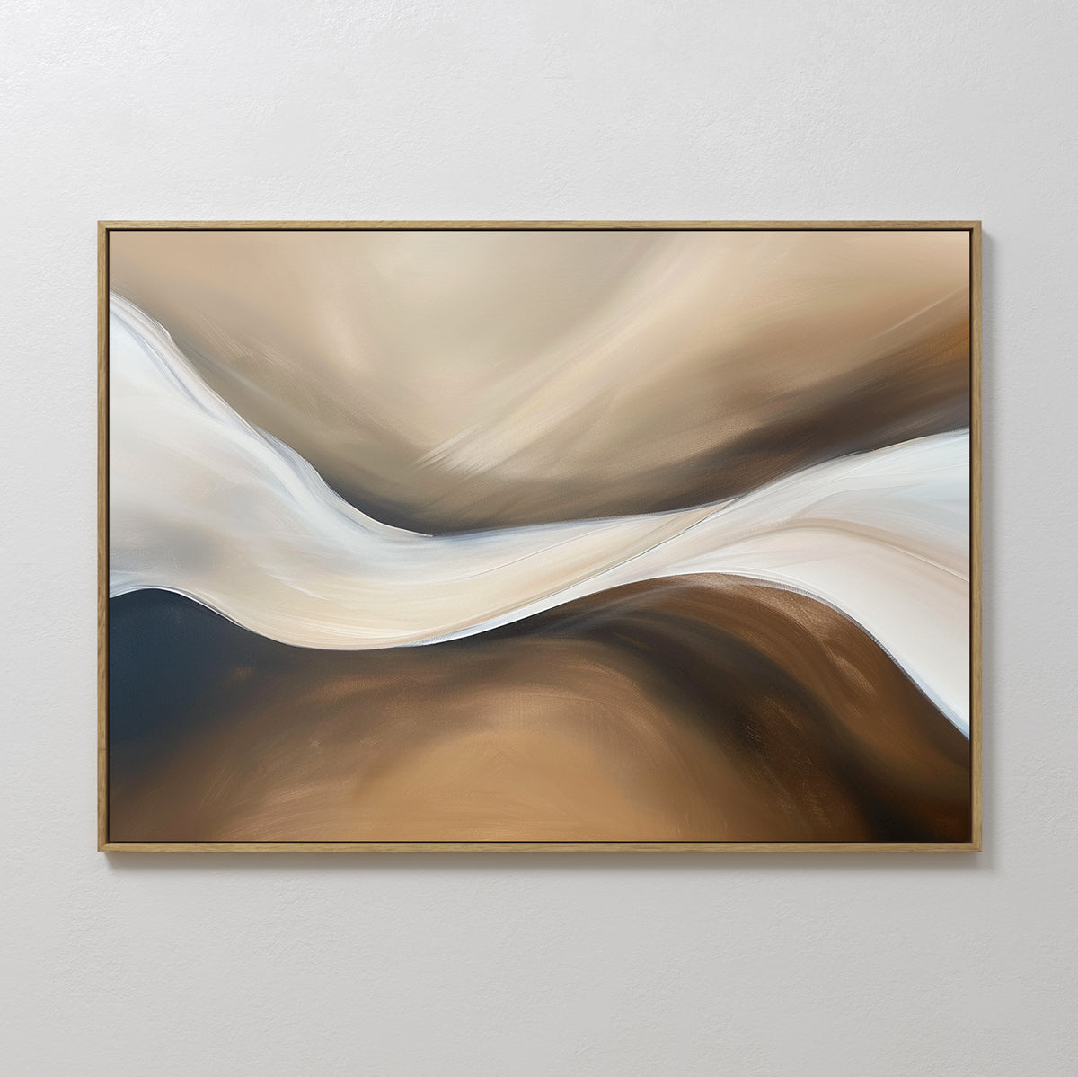 Neutral Landscape River Abstract Canvas Art features flowing shapes in brown, beige, white, and cream with a slim gold frame. This minimalist wall art adds movement and calm, making it ideal for your living room decor.