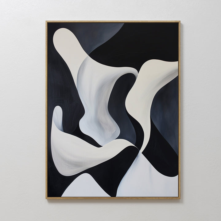Deep Blue Calm Abstract Canvas Art features flowing curved shapes and smooth gradients in black and white. This minimalist wall art adds movement and depth, making it ideal for modern living room decor within a simple wooden frame on a white wall.