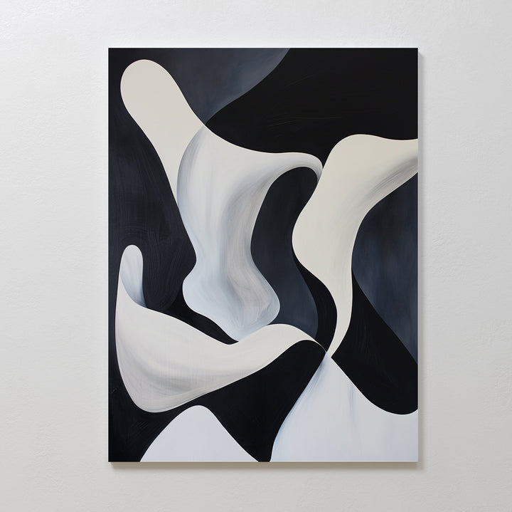 Deep Blue Calm Abstract Canvas Art features flowing black, white, and gray shapes that intertwine for a sense of movement—a striking minimalist wall art piece, perfect for enhancing modern living room decor.