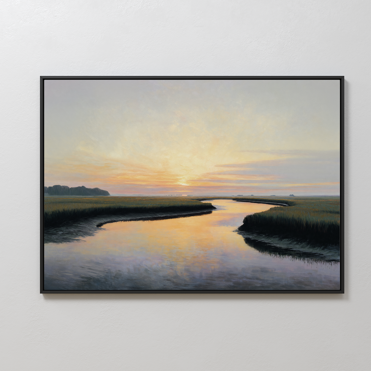 The Tidal Whispers Canvas Art - Horizontal features a tranquil river winding through grassy marshlands at sunset, with soft orange, yellow, and blue hues reflected on the water’s surface in a serene landscape scene.