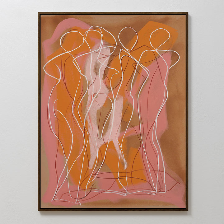 Dancing Silhouettes Abstract Canvas Art features overlapping white line drawings of human figures on a brown and orange background with pink and orange brushstrokes—perfect modern or minimalist wall art for living room decor.