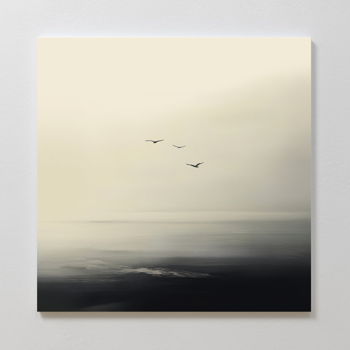 Above the Calm Canvas Art features a serene seascape in soft, muted tones with three birds flying above tranquil, dark water beneath a pale sky—ideal for large living room or bedroom decor.