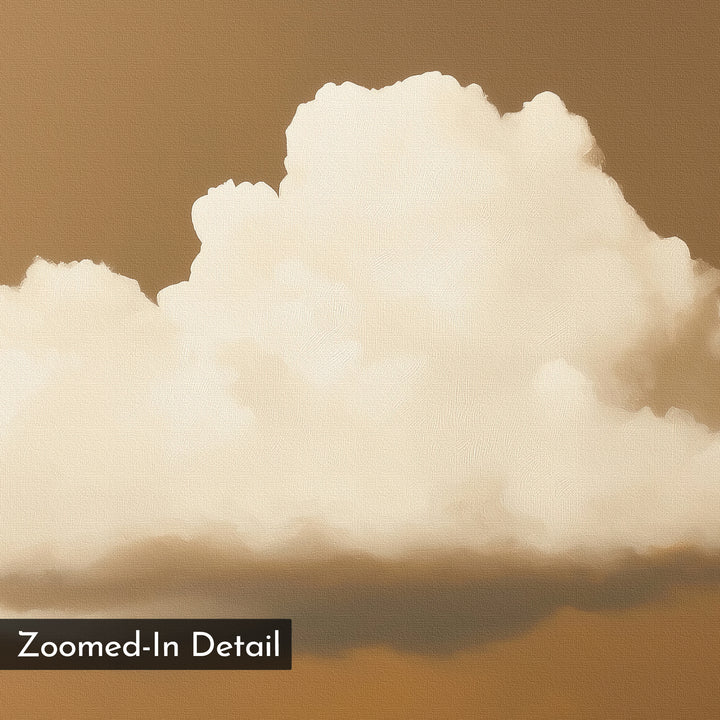 A close-up of a fluffy white cloud drifts in an amber-brown sky, labeled "Zoomed-In Detail" at the bottom left. The soft, painted texture of Amber Sky Cloud Canvas Art is ideal for modern decor or as distinctive wall art.