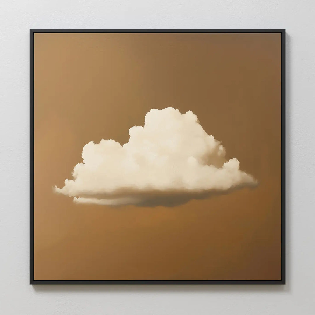 Amber Sky Cloud Canvas Art is a minimalist framed wall piece showcasing a single white fluffy cloud on a light brown background—ideal for enhancing your bedroom decor and adding sophistication to any plain white wall.