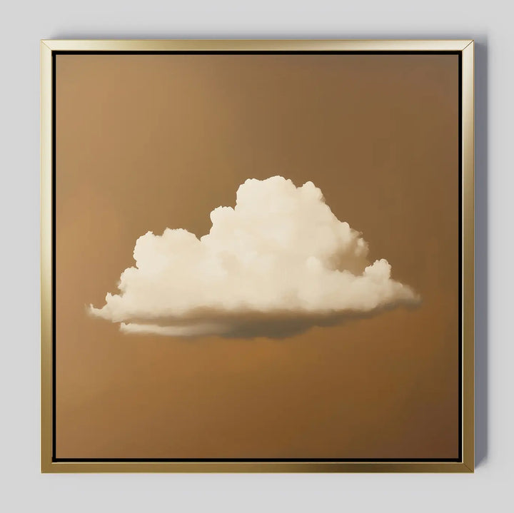 Amber Sky Cloud Canvas Art features a single fluffy white cloud on a warm brown background. Minimalist and elegant, it comes framed in gold with a thin black inner border—perfect for adding style to your bedroom decor.