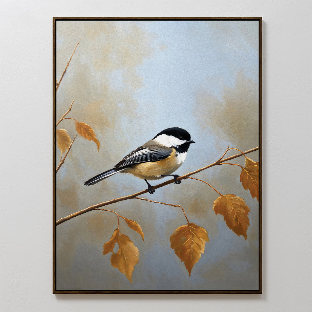 The Autumn Branch Canvas Art features a bird perched on an autumn branch, making it the perfect wall art print to bring warmth and charm to your home decor.