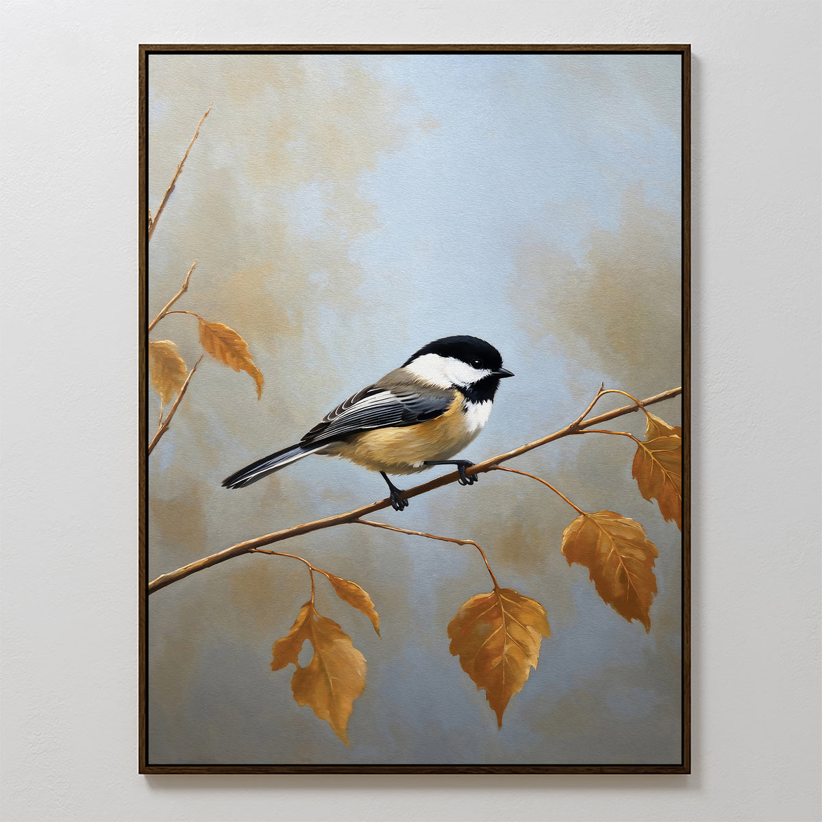 The Autumn Branch Canvas Art features a bird perched on an autumn branch, making it the perfect wall art print to bring warmth and charm to your home decor.