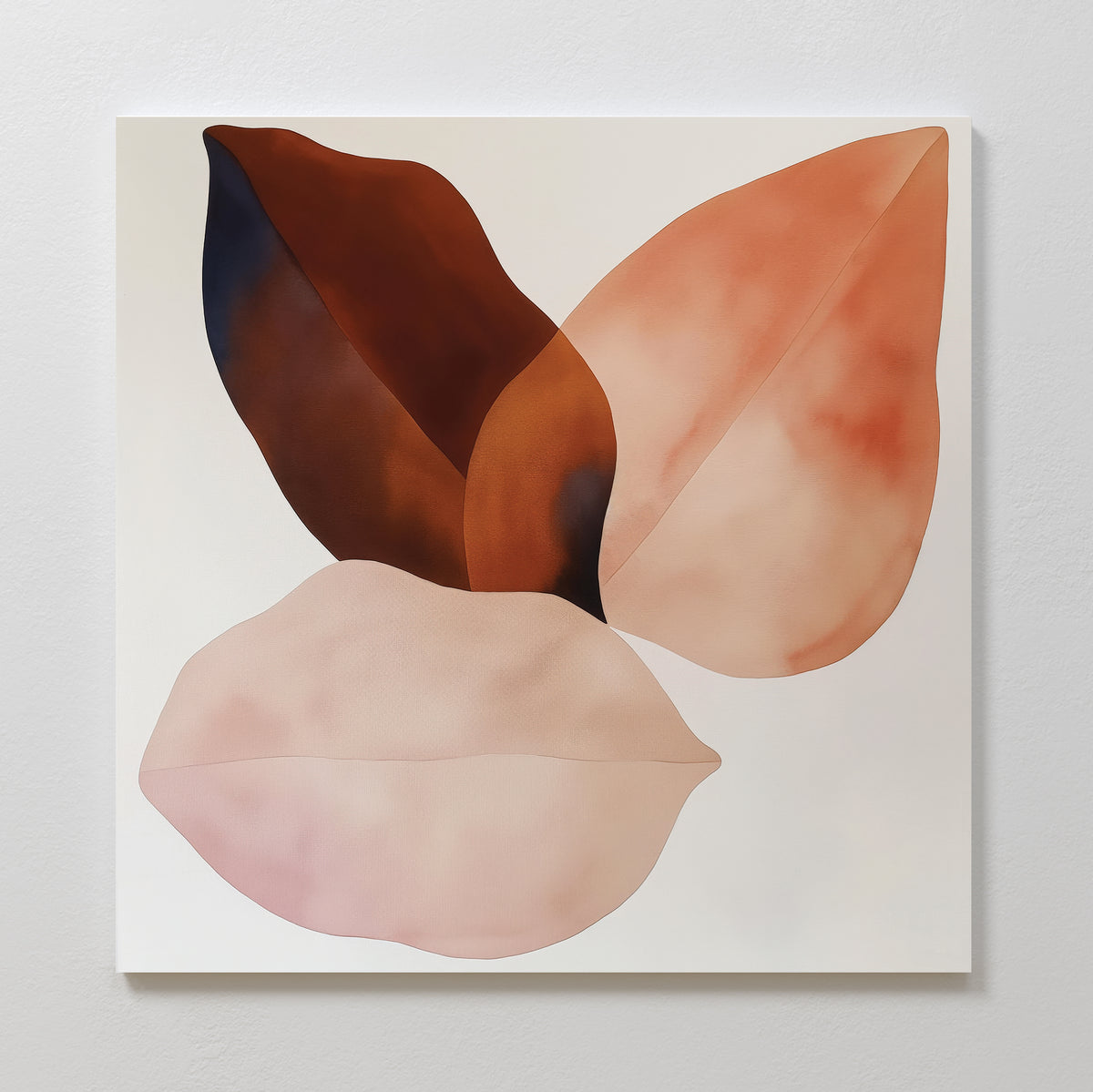 The Autumn Petals Canvas Art features abstract, overlapping leaf shapes in brown, peach, and blush pink tones on a white background, with watercolor-like texture for a soft, minimalist autumn wall art look.