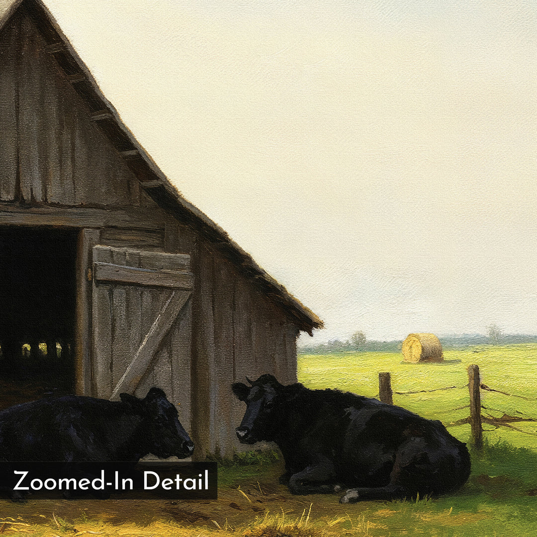 Barnside Rest Canvas Art features two black cows lounging on grass by a weathered barn, with a hay bale and split rail fence in the background. “Zoomed-In Detail” appears at the bottom left, making it perfect rustic decor for your living room.