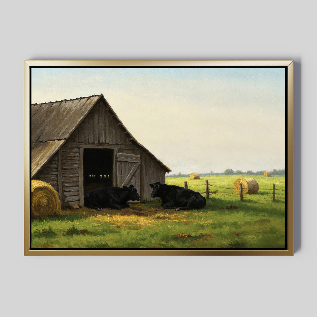 Bring rustic charm to your living room with Barnside Rest Canvas Art, featuring two black cows resting by a wooden barn in a grassy field with hay bales under a clear sky—perfect farmhouse wall decor.