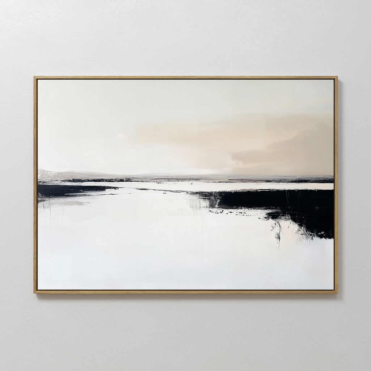 The Binary Calm Abstract Canvas Art – Horizontal features broad strokes of white, black, and soft beige in a minimalist style, evoking a serene landscape with contrasting tones. It comes framed in a simple, thin frame for modern wall decor.