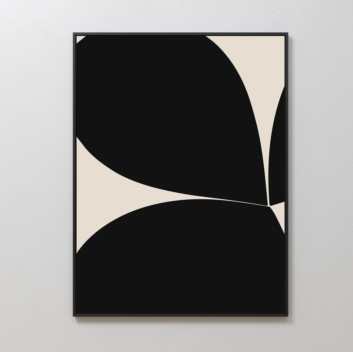 The Black Botanical Abstract Canvas Art features bold black curved shapes on a beige background, creating a minimalist modern look. This contemporary wall art uses negative space for striking visual appeal in any space.