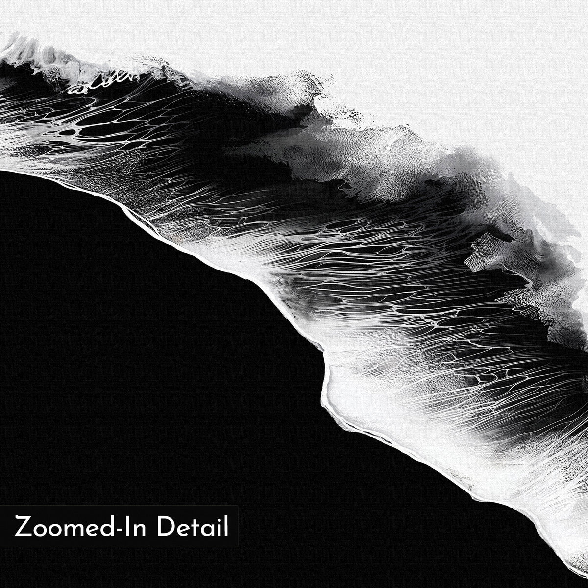 Black Ocean Abstract Canvas Art features intricate black and white textures resembling ocean waves, with bold contrasts. Ideal for large or minimalist wall decor. The lower left corner includes the text “Zoomed-In Detail.”.