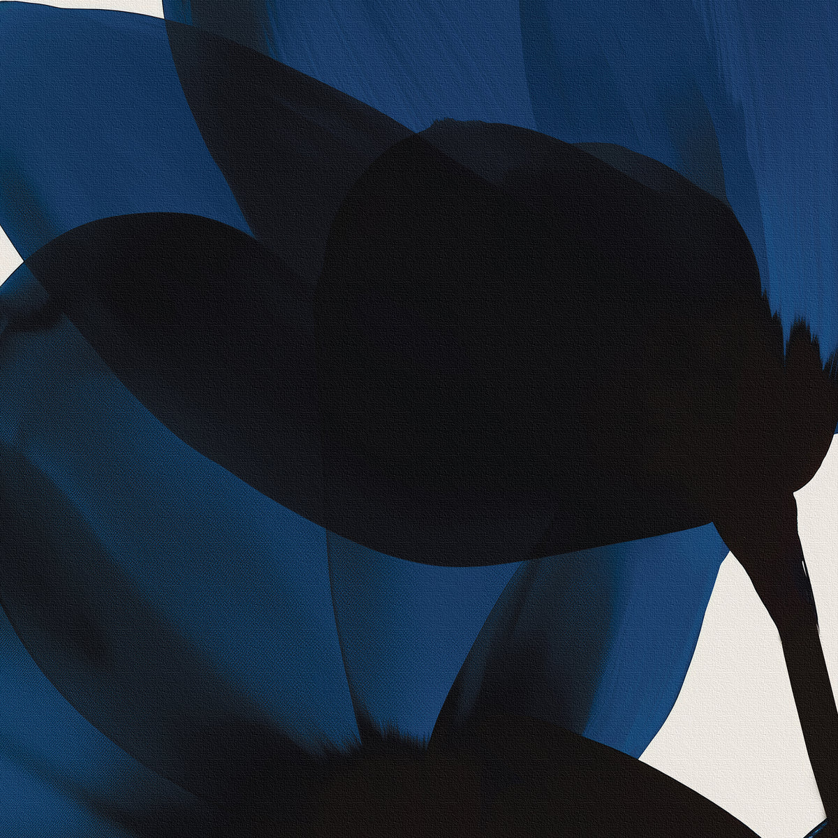 Introducing the Bloom Abstract Canvas Art: overlapping translucent dark blue and black petal-like shapes on a textured off-white background. Perfect minimalist wall art to elevate your stylish living room decor.