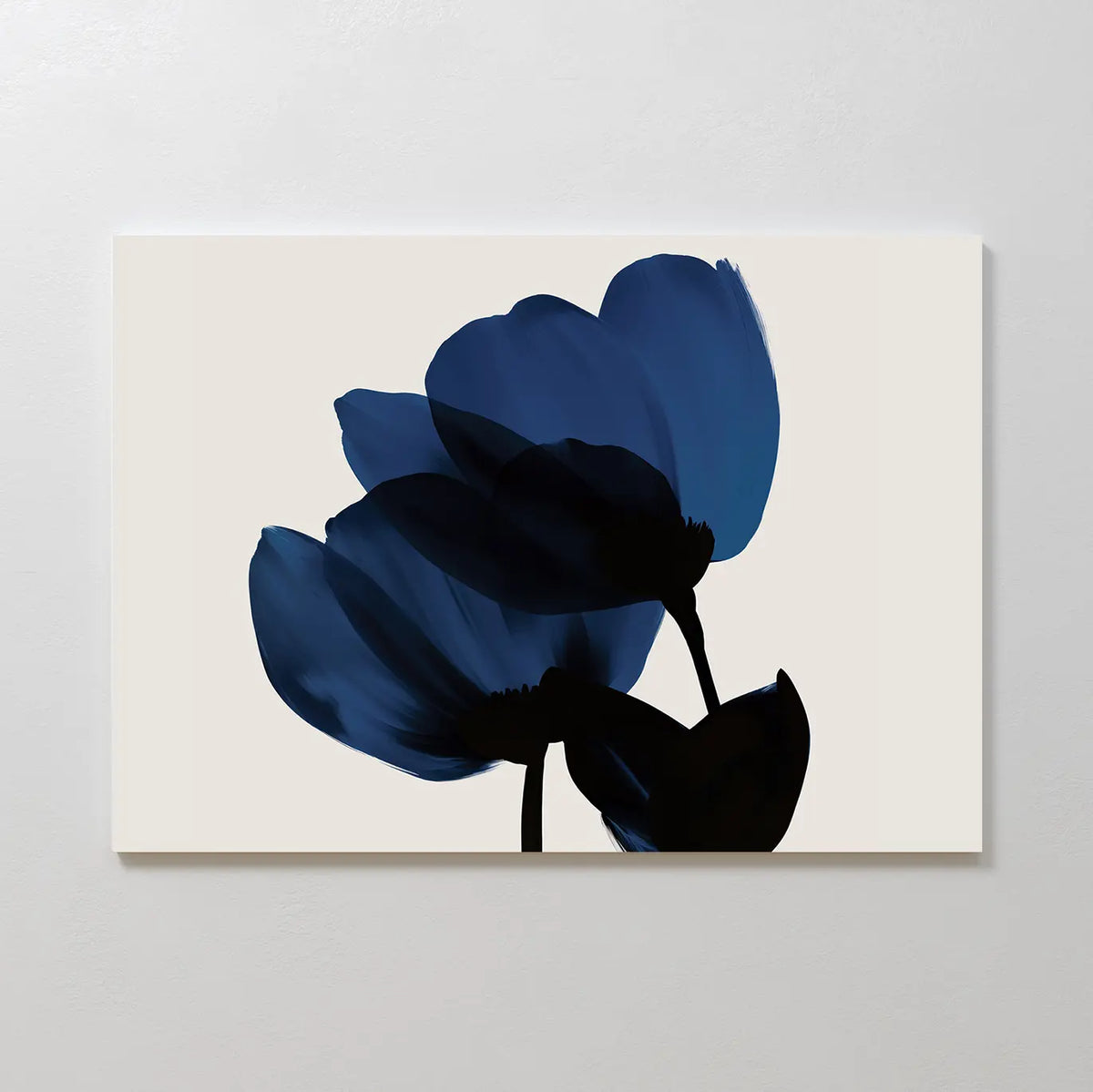The Bloom Abstract Canvas Art – Horizontal showcases two abstract dark blue flowers with black stems and soft petals on an off-white background, making it perfect for modern living room decor.