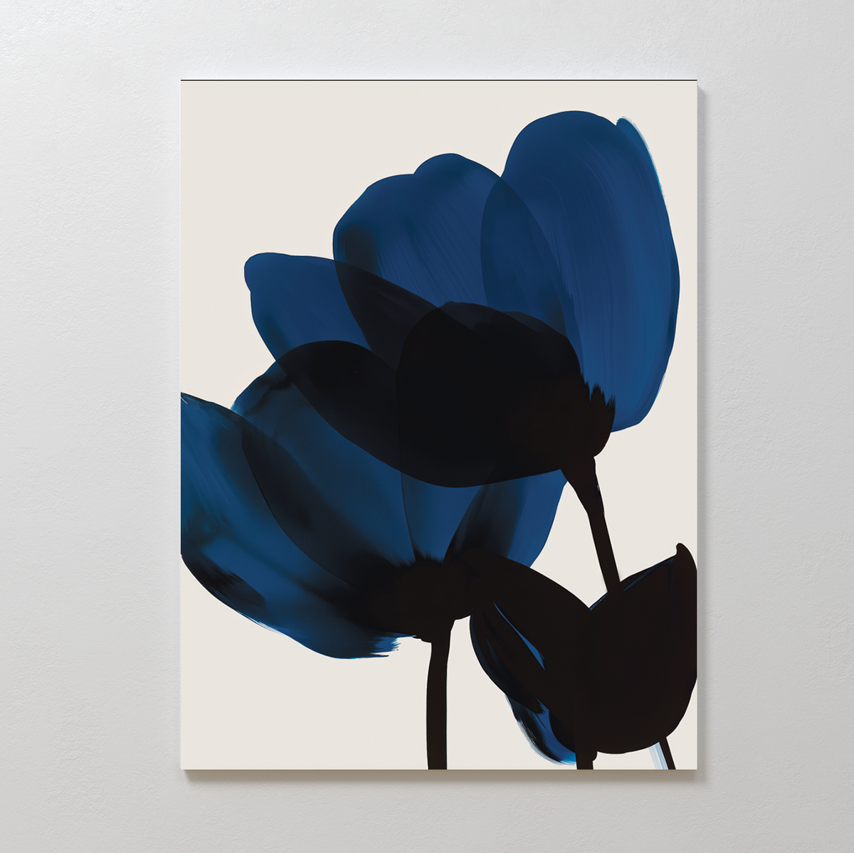 Bloom Abstract Canvas Art features three abstract flowers with bold dark blue petals and black stems on a light beige background, making it the perfect minimalist wall decor for your living room.