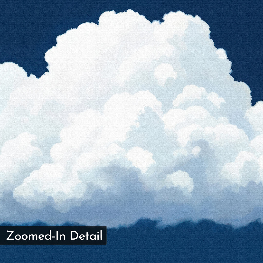 A detailed, zoomed-in illustration of a fluffy white cloud on a deep blue sky with a painted texture. The Blue Horizon Cloud Canvas Art is perfect minimalist wall art for modern living room decor. Labeled "Zoomed-In Detail.