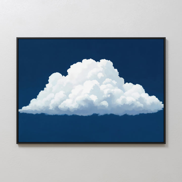 The Blue Horizon Cloud Canvas Art features a single fluffy white cloud on a deep blue background, creating stunning minimalist framed wall art ideal for modern living rooms.