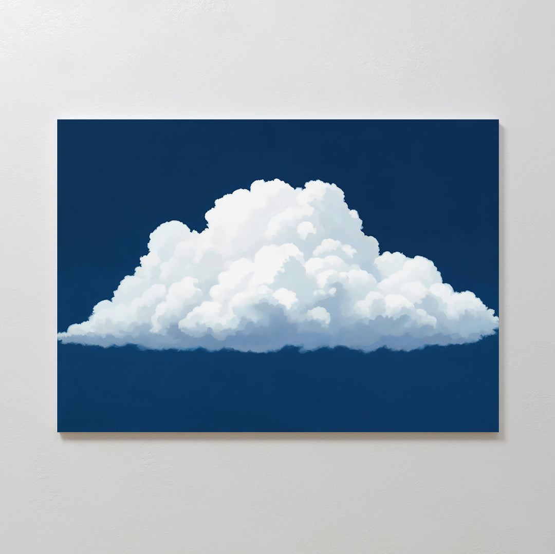 The Blue Horizon Cloud Canvas Art features a single fluffy white cloud on a deep blue sky, displayed on a white wall—ideal minimalist wall art to add tranquil charm to any modern living room.