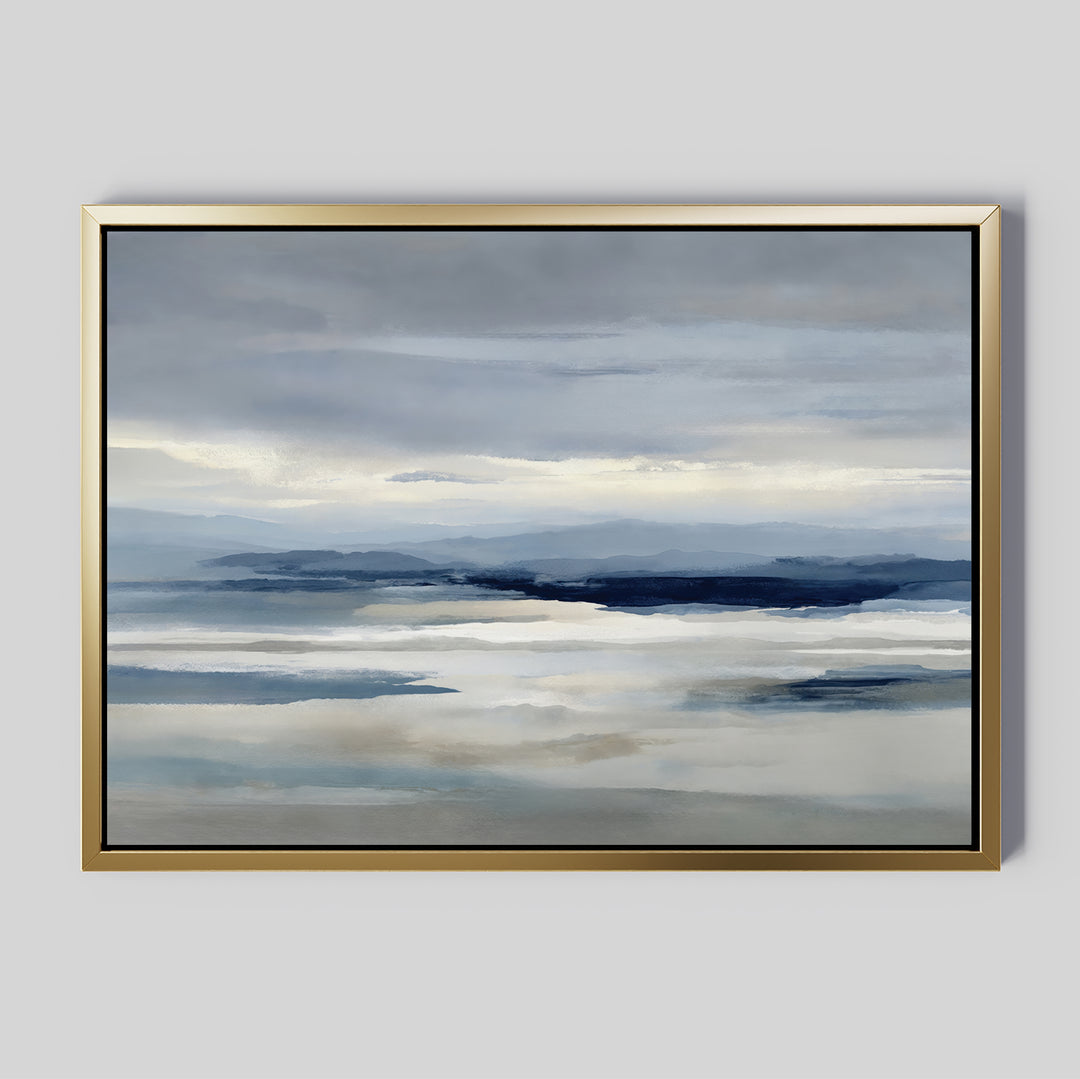 Blue Mist Horizon Canvas Art—minimalist wall decor for living rooms—features a serene abstract landscape in soft blue, gray, and white tones with gentle reflections and calm skies, ideal for adding tranquility to a light gray wall.