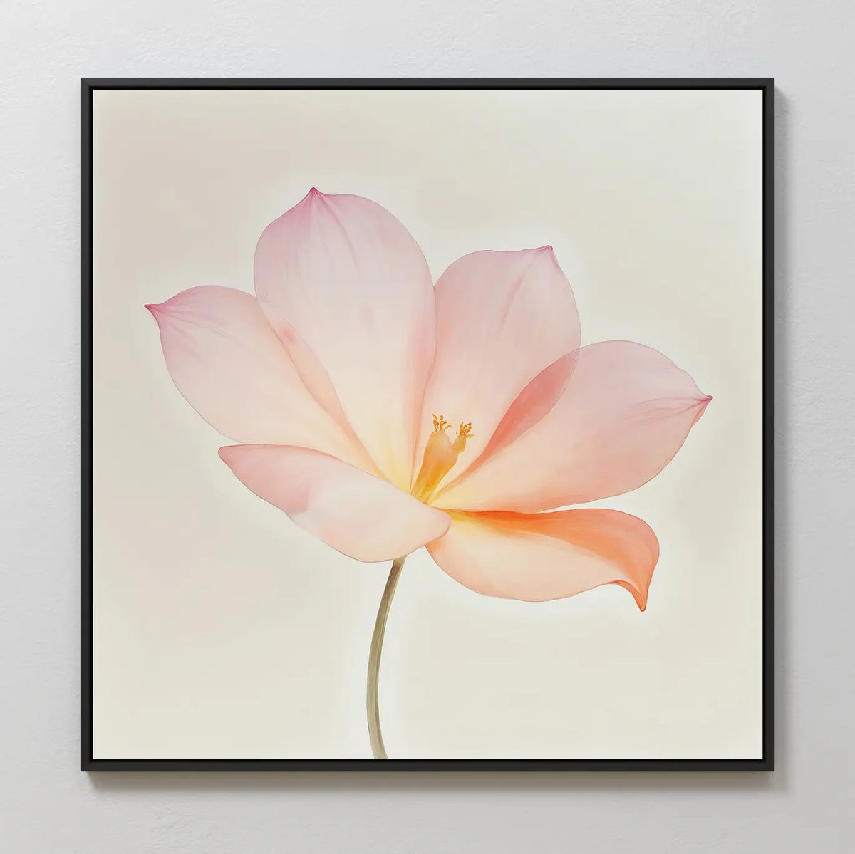 The Blush Magnolia Canvas Art features a single light pink flower with soft petals and a pale yellow center, making this minimalist framed wall art perfect for adding serenity to your bedroom decor.