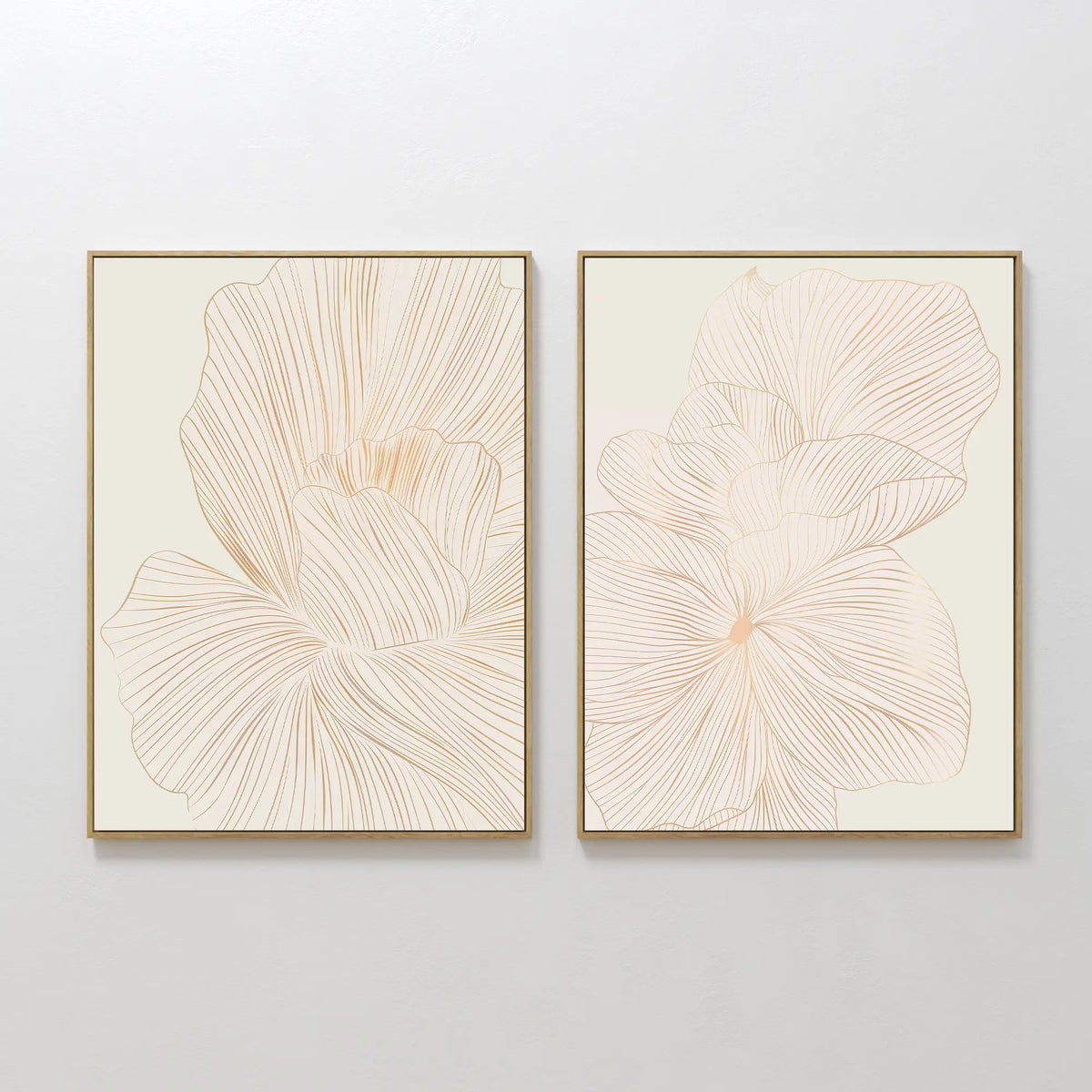 The Blush Sketch Set of 2 features framed minimalist line drawings of large, delicate flowers in soft beige, displayed side by side for elegant wall art that enhances modern bedroom decor.