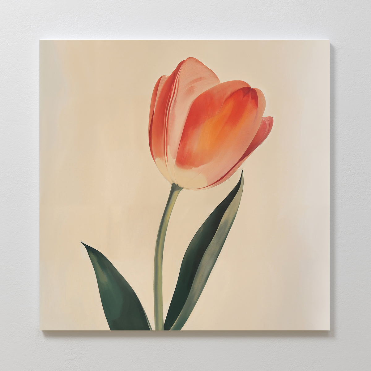 Blush Tulip Canvas Art features a single orange and pink tulip with green leaves on a light beige background, displayed on a square canvas—perfect minimalist wall art for elegant bedroom decor.