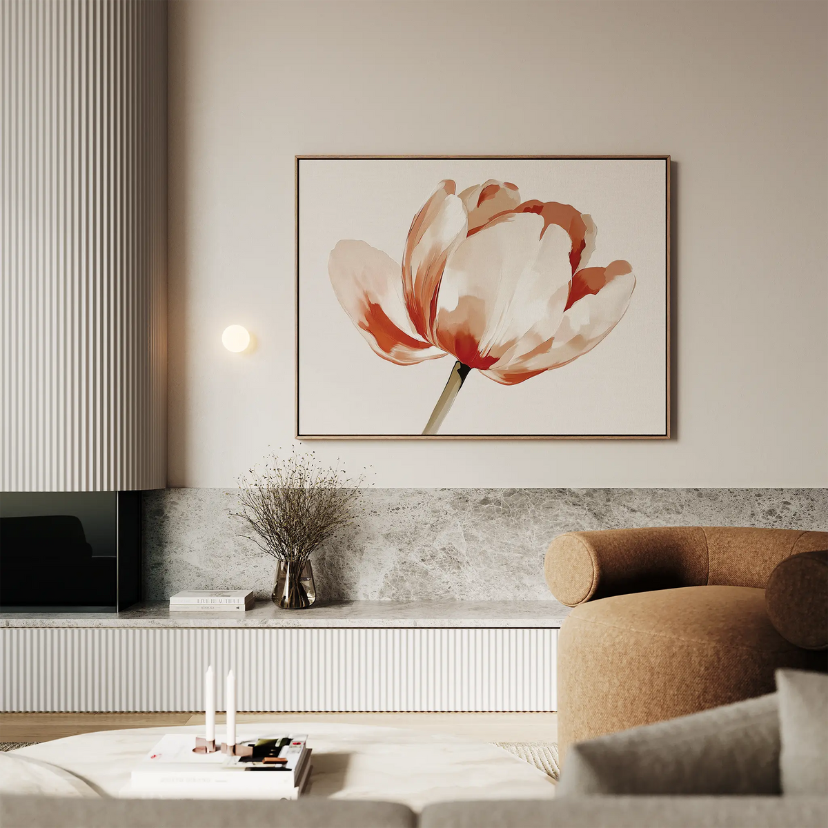 A modern living room features the Blush Tulip Canvas Art in red, pink, and cream tones. A beige curved armchair, minimalist decor, and a marble shelf with a vase and candles complete the elegant setting.