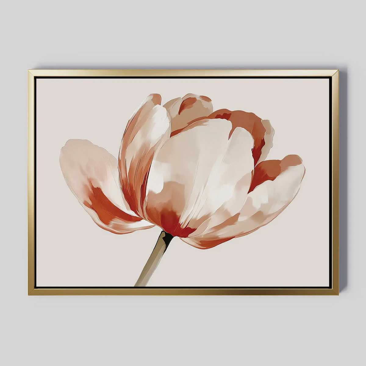 The Blush Tulip Canvas Art features a single tulip with red and cream petals on a light beige background, framed in thin gold—ideal minimalist wall art to add serenity to your bedroom decor.