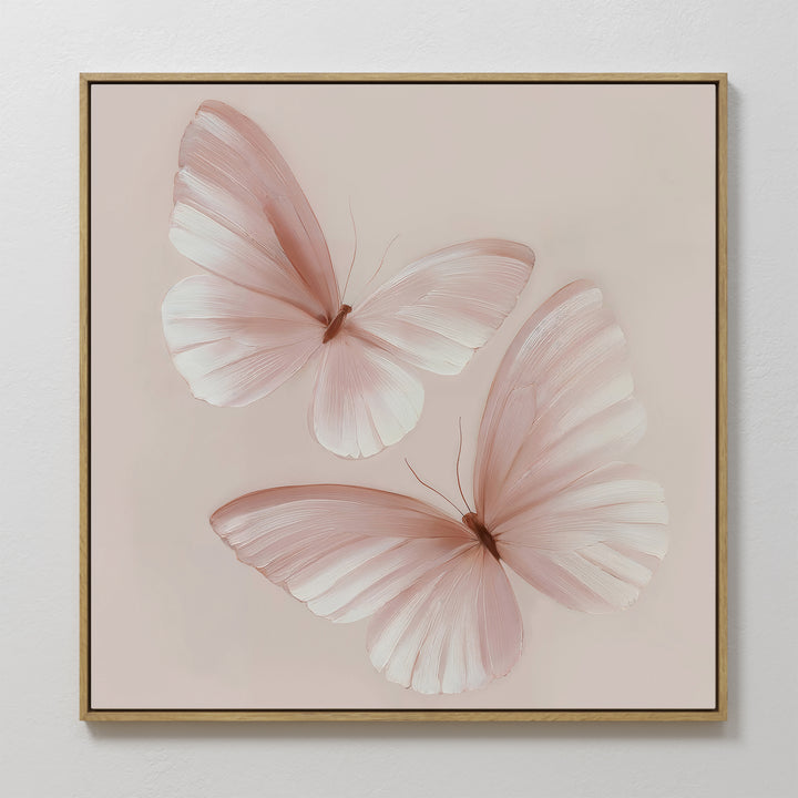 Blush Wings Canvas Art showcases two delicate, light pink butterflies with translucent wings on a soft pastel background—perfect blush pink wall decor for any space.