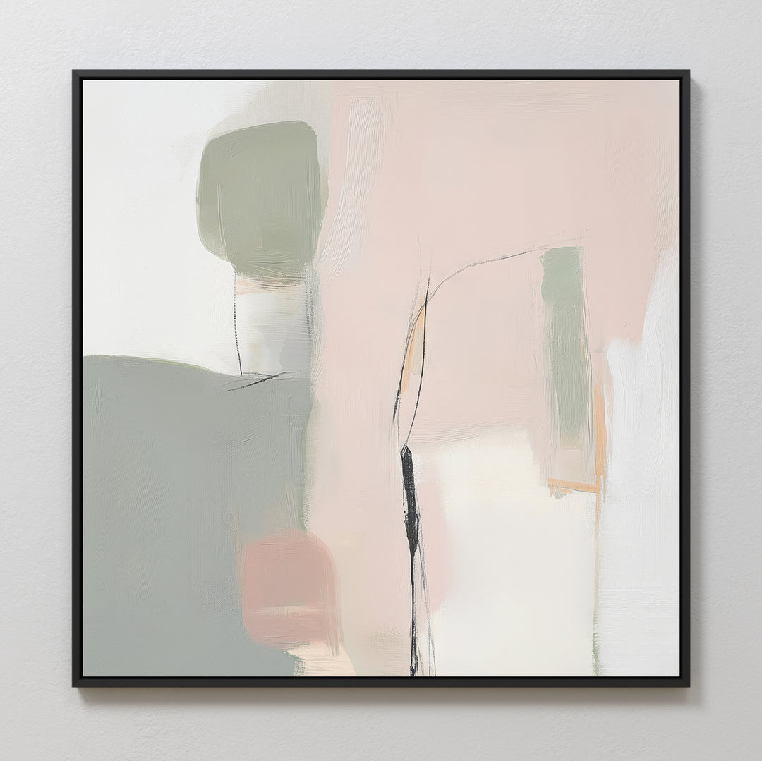 Blushed Horizon Canvas Art: A minimalist abstract print with soft pastel green, pink, and white blocks intersected by thin black lines. Framed in black and sized for large wall art, its perfect for a modern bedroom decor update.