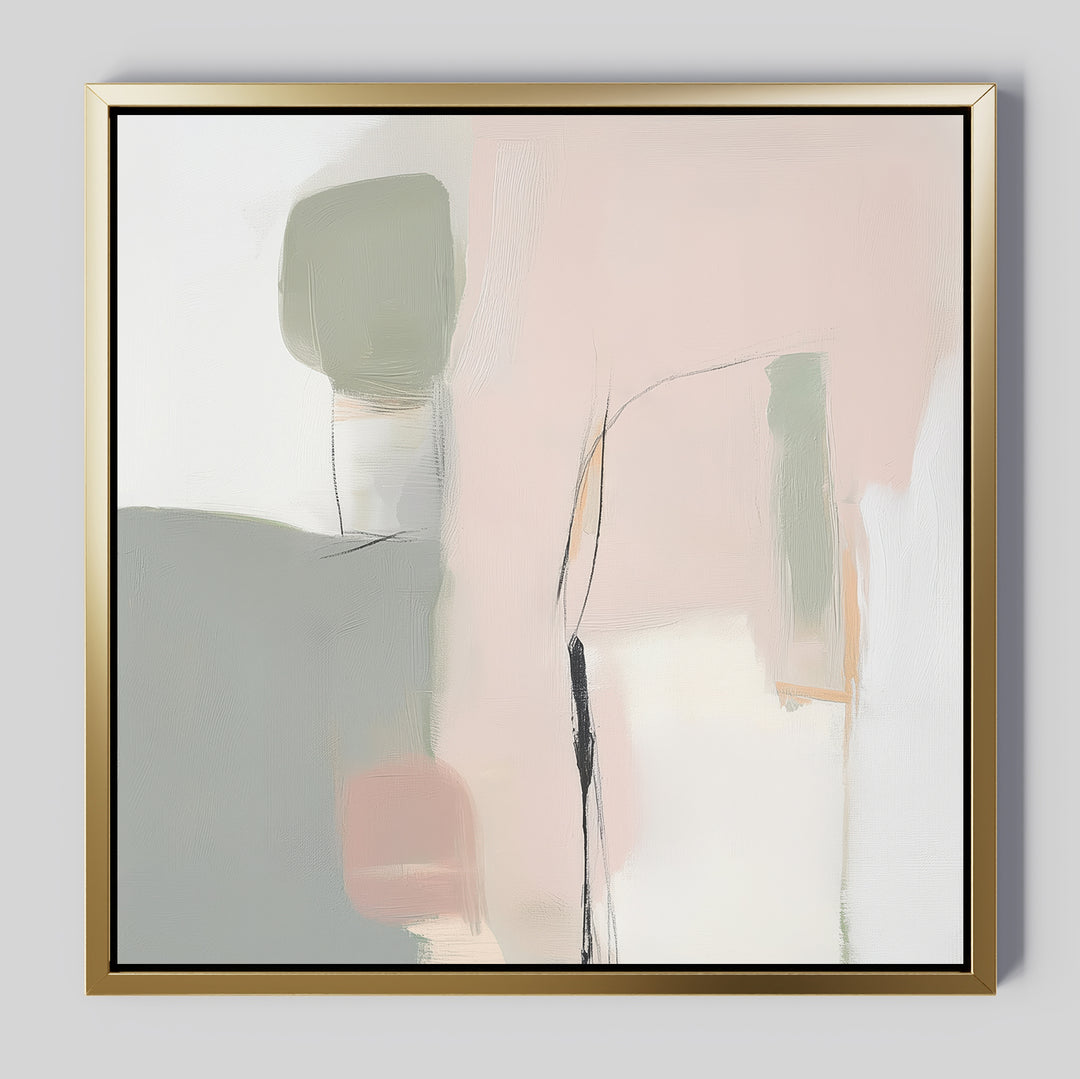 Blushed Horizon Canvas Art features soft pastel pink, green, gray, and white with black thin lines and textured contrasts. Framed in gold, this large modern piece is perfect for minimalist bedroom decor and contemporary spaces.