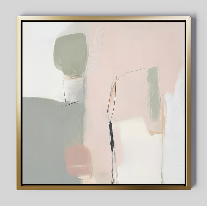 Blushed Horizon Canvas Art features soft pastel pink, green, gray, and white with black thin lines and textured contrasts. Framed in gold, this large modern piece is perfect for minimalist bedroom decor and contemporary spaces.