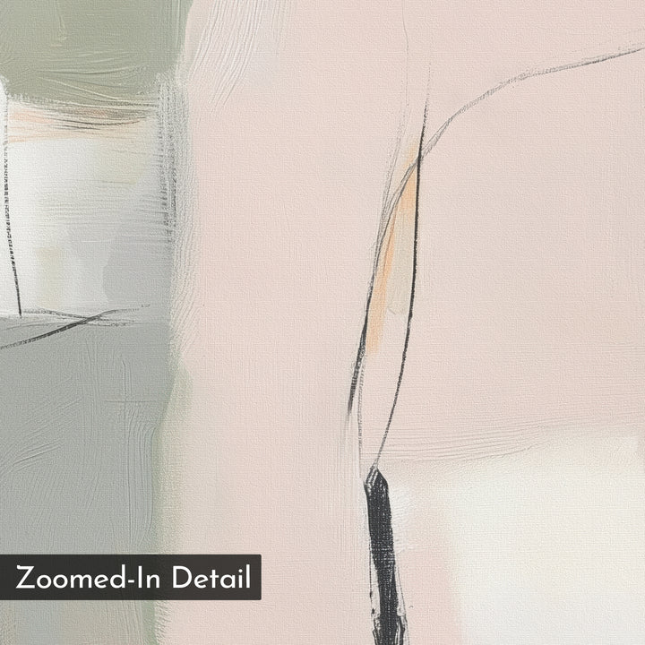 Blushed Horizon Canvas Art features a close-up abstract print in soft pastel pink, beige, and green. Black and peach lines intersect for added texture, with a Zoomed-In Detail box—ideal for large wall art or minimalist bedroom decor.