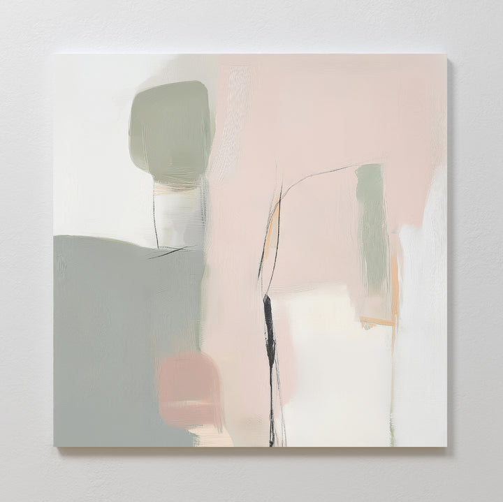 Blushed Horizon Canvas Art features an abstract design with soft pastel pink, green, white, and gray tones. Blended shapes and subtle lines offer a calm, minimalist look—ideal as large wall art for a modern minimalist bedroom.