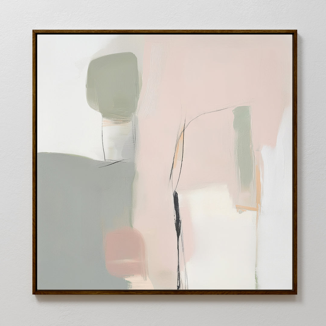 Blushed Horizon Canvas Art features soft pastel pink, green, and beige with broad strokes and sweeping black lines. Framed with a thin dark border, this large piece adds elegance to minimalist bedrooms when displayed on white walls.
