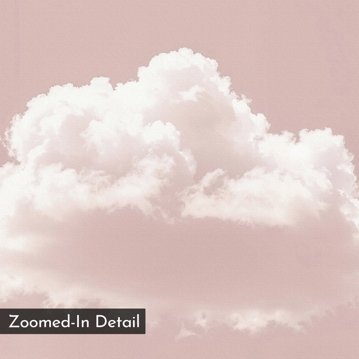 Blushing Sky Canvas Art showcases a soft, fluffy white cloud on a muted pink backdrop with subtle texture. Minimalist and elegant, this wall print features a dark box with “Zoomed-In Detail” in white in the lower left corner.