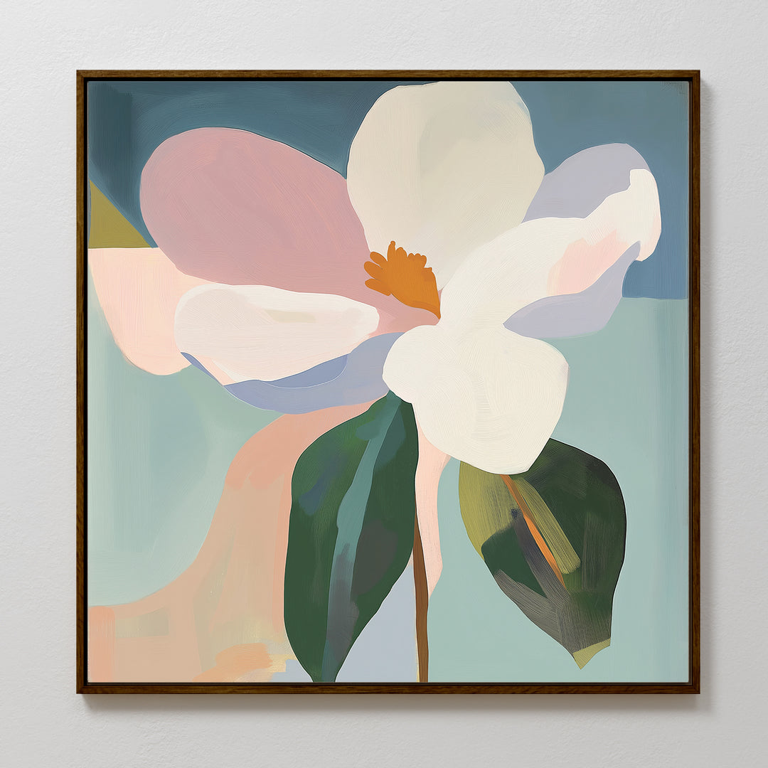 The Bold Bloom Canvas Art features a large flower with white and light pink petals, a yellow-orange center, and green leaves on a muted blue and peach background. Framed in brown, it adds modern elegance to your space.