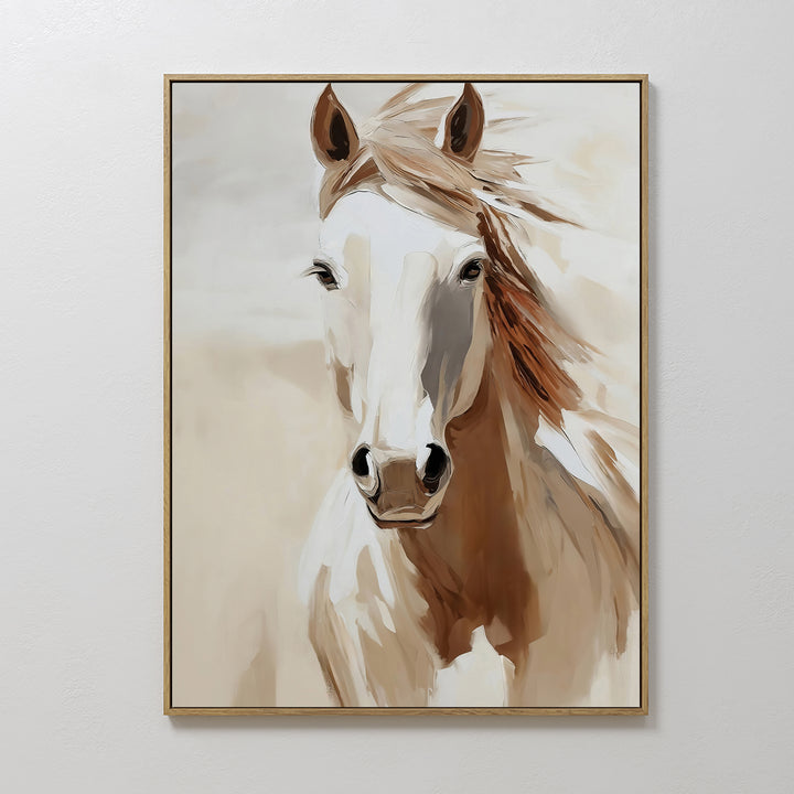 Bold Spirit Canvas Art features a light brown horse with a flowing mane against a neutral backdrop, creating stunning minimalist wall art thats perfect for adding elegance to your living room decor.