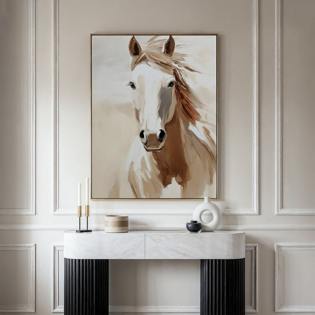 A modern interior showcases the Bold Spirit Canvas Art—a striking white horse painting—above a sleek marble console, accented with minimalist candles and vases for elegant living room decor.