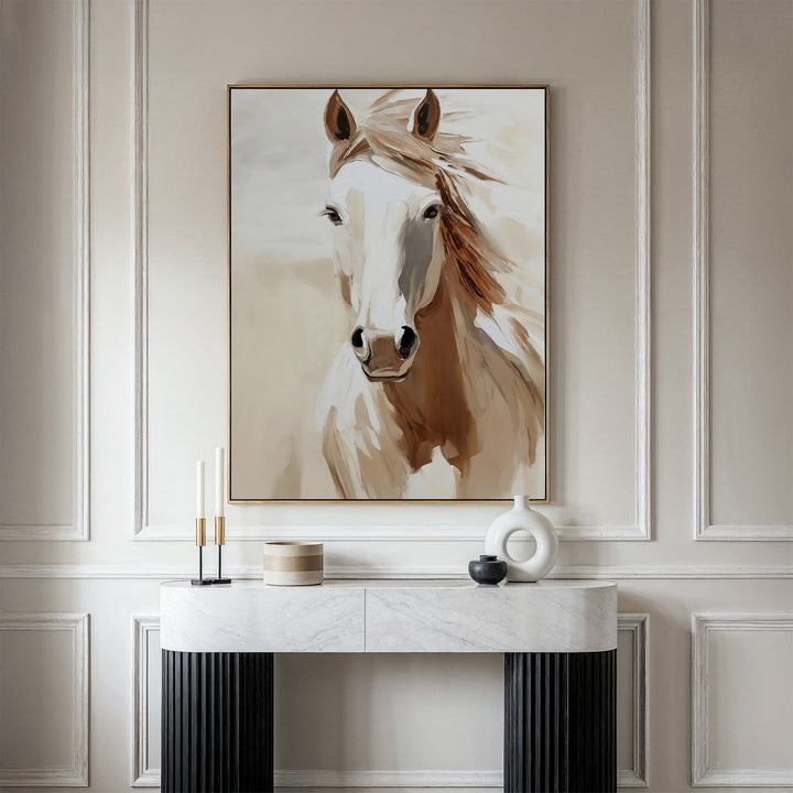 A modern interior showcases the Bold Spirit Canvas Art—a striking white horse painting—above a sleek marble console, accented with minimalist candles and vases for elegant living room decor.