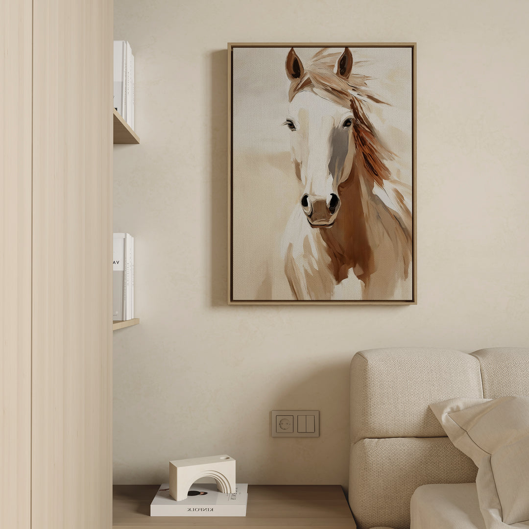 The Bold Spirit Canvas Art, a framed minimalist horse artwork, hangs above a cream sofa on a beige wall. Nearby shelves display books, while a small decorative object on the floor completes the living room decor.