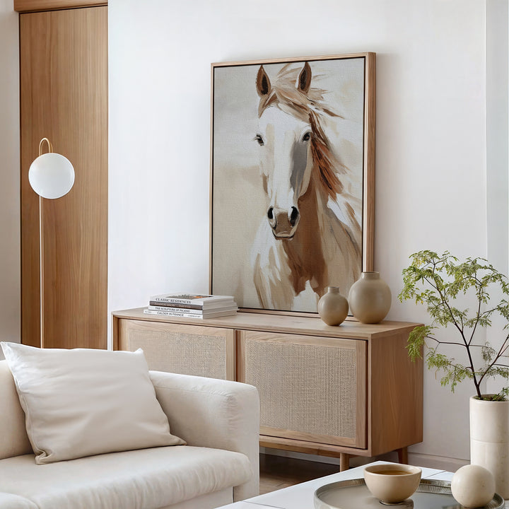 A modern living room features light wood furniture, a white sofa, decorative vases, and the Bold Spirit Canvas Art on a cabinet against a white wall. A small potted plant and spherical lamp complete the stylish decor.