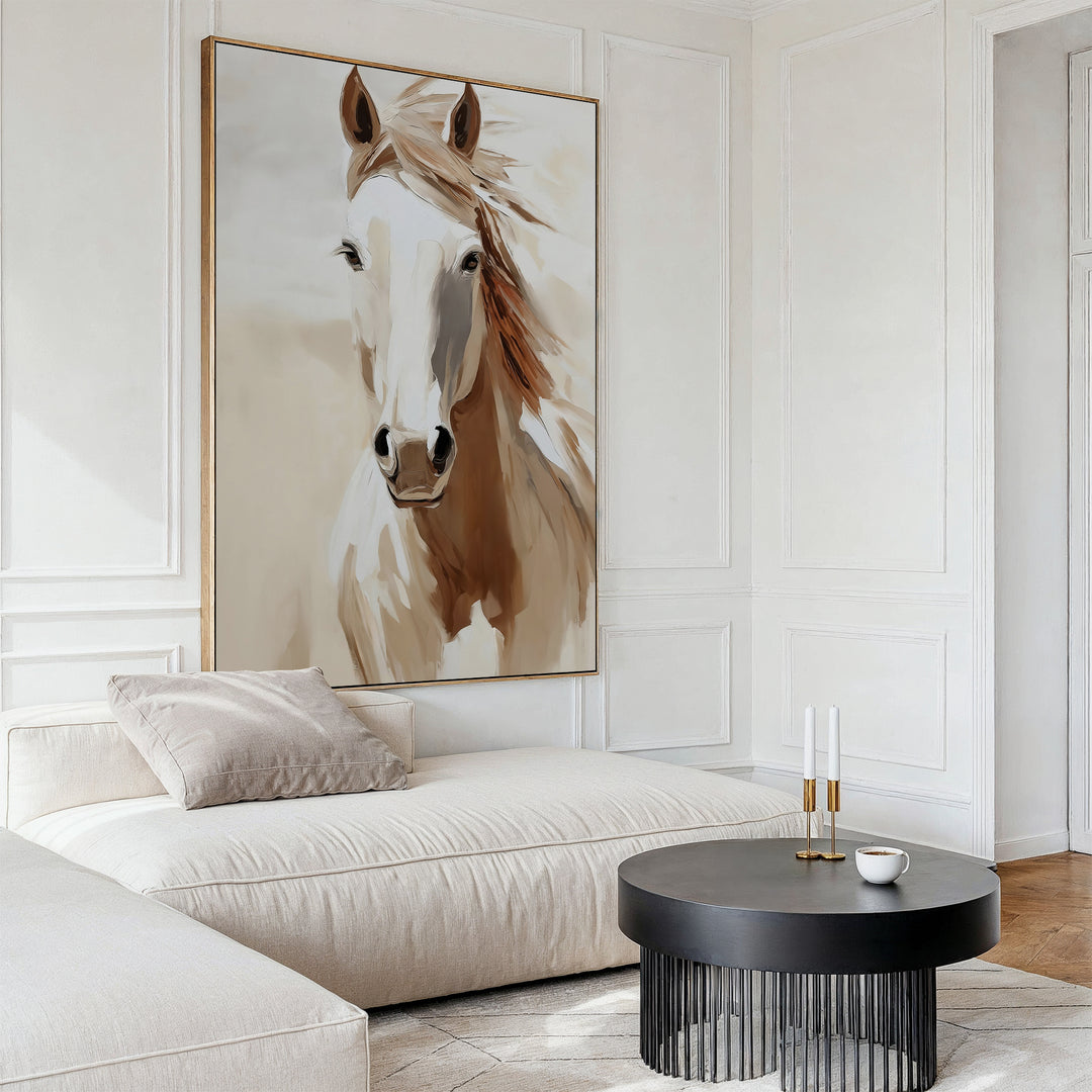 A modern living room with the Bold Spirit Canvas Art, featuring a white horse above a cream sectional sofa, a round black coffee table, two candles, and neutral-toned decor.