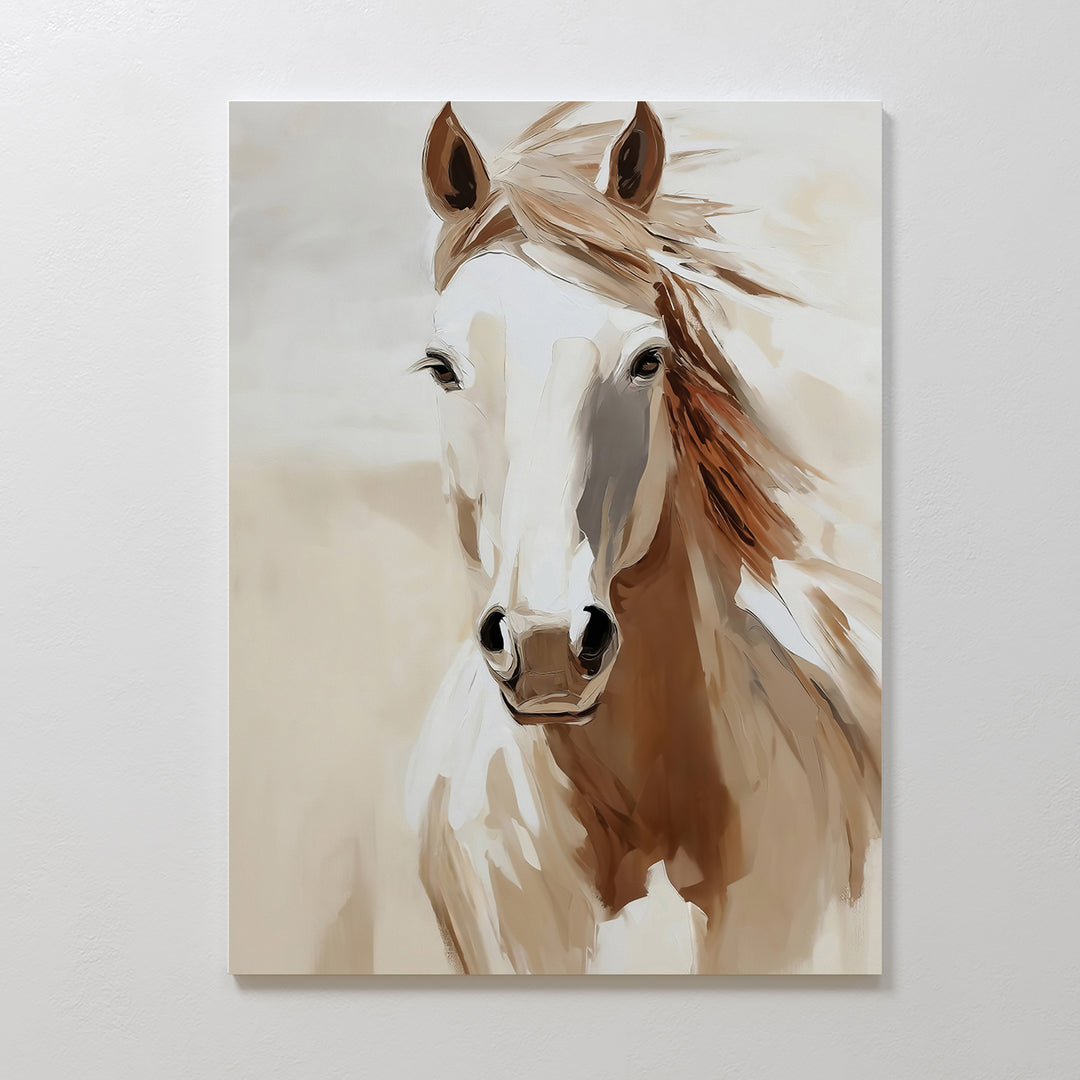 Bold Spirit Canvas Art features a light brown and white horse facing forward with its mane blowing to the side. Soft, neutral tones make this minimalist wall art perfect for elegant living room decor that highlights the horse’s dynamic motion.