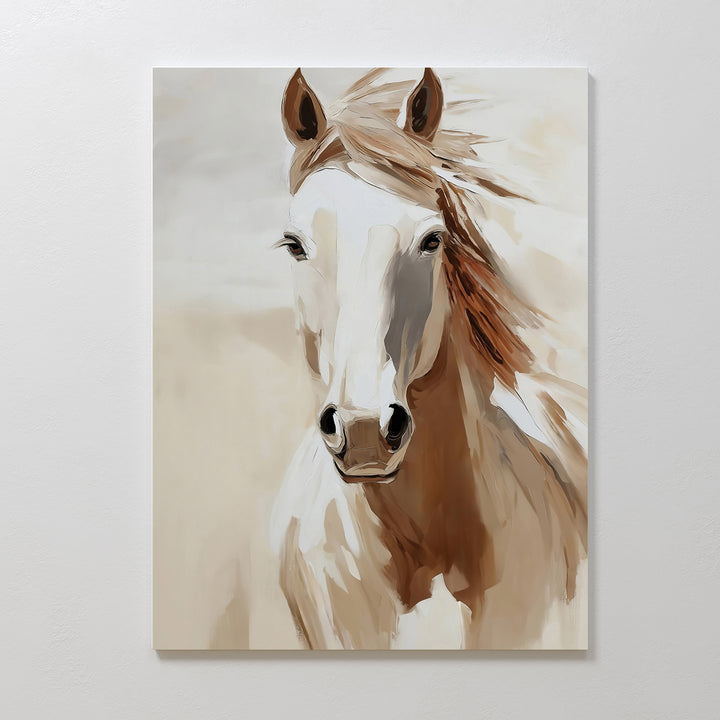 Bold Spirit Canvas Art features a light brown and white horse facing forward with its mane blowing to the side. Soft, neutral tones make this minimalist wall art perfect for elegant living room decor that highlights the horse’s dynamic motion.