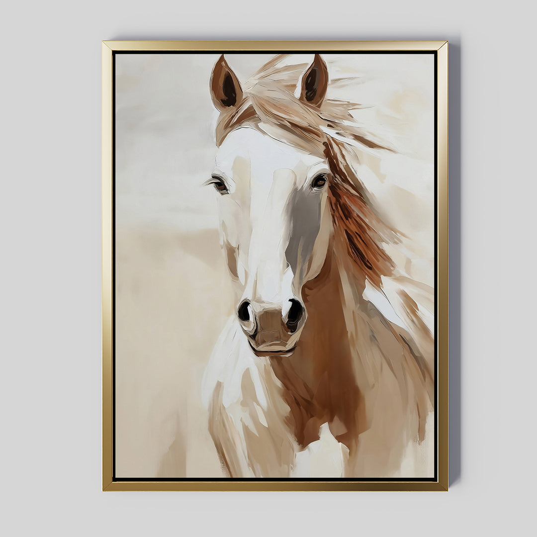 Bold Spirit Canvas Art showcases a light brown horse facing forward with a flowing mane against a beige background. This minimalist piece features a soft, painterly style in a thin gold frame—ideal for elegant living room decor.